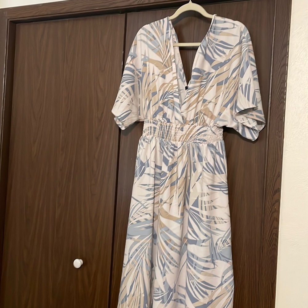 Identity blue/tan palm maxi dress with tie knot back